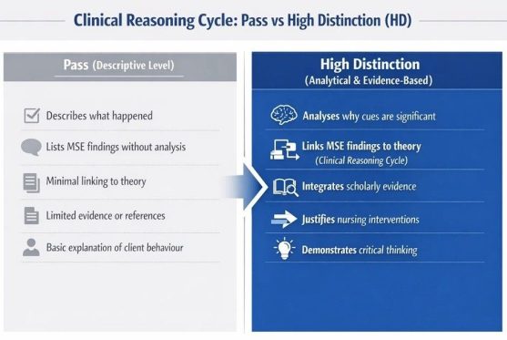 Comparison of HD vs Pass responses for Mental Health Case Study Assessments.